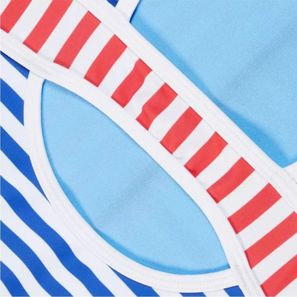 Speedo Girl’s Swimsuit One Piece Blue and Red Stripes Size 16 NWT UPF 50+